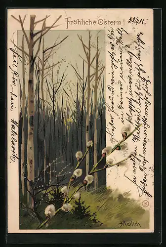 Künstler-AK Alfred Mailick: Weidenkätzchen an einer Waldlichtung - Ostergruss