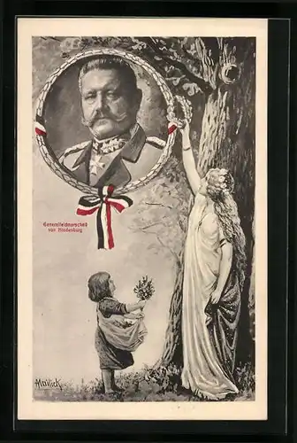 Künstler-AK Alfred Mailick: Frau in antikem Gewand und Mädchen mit Blumenschürze huldigen Portrait Paul von Hindenburgs
