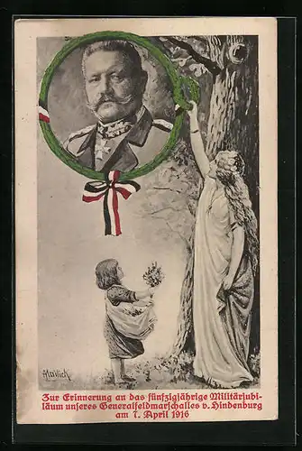 Künstler-AK Alfred Mailick: Frau in antikem Gewand und Mädchen mit Blumenschürze huldigen Portrait Paul von Hindenburgs