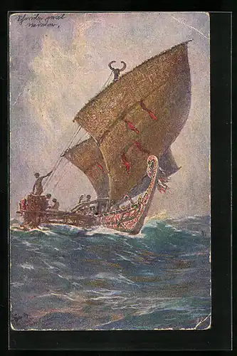 Künstler-AK Hans Bohrdt: Das letzte Boot von der Insel Ugomes, Südsee