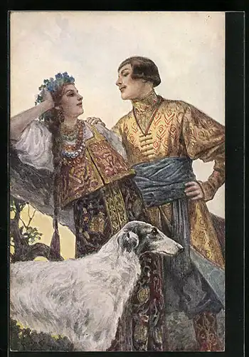 Künstler-AK S. Solomko: Aug in Aug - Paar hinter Hund