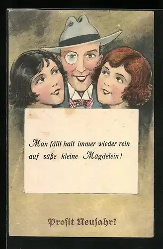 AK Herr mit Monokel und zwei Damen