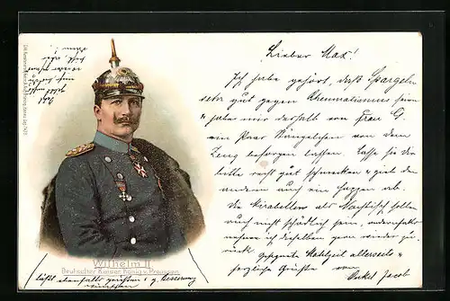 Lithographie Kaiser Wilhelm II. will Pickelhaube