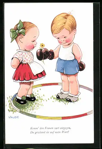 Künstler-AK sign. Vaube: Kleiner Boxermit Blume für die Herz-Dame