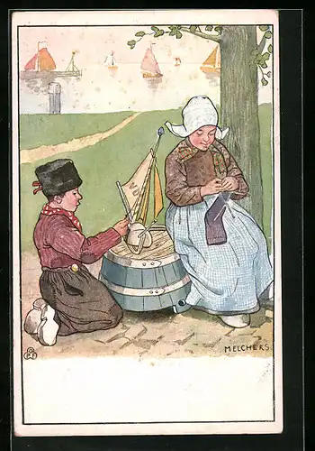 Künstler-AK sign. Melchers: Kleiner Holländer baut ein Modellboot, seine Freundin strickt