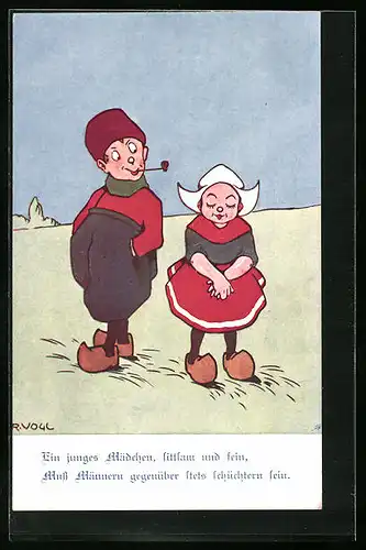 Künstler-AK sign. R. Vogl: Ein junges Mädchen muss Männern gegenüber stets schüchtern sein