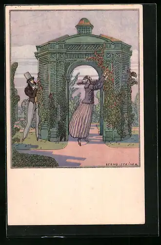 Künstler-AK sign. Bernd Steiner: Hübsche junge Frau mit heimlichem Beobachter