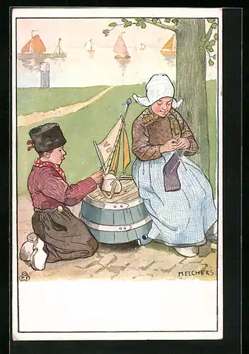 Künstler-AK sign. Melchers: Bursche mit Modellboot und Mädchen beim Stricken