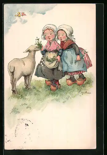 Künstler-AK sign. K. J. Fricero: Kleine Bäuerinnen füttern ein Schaf