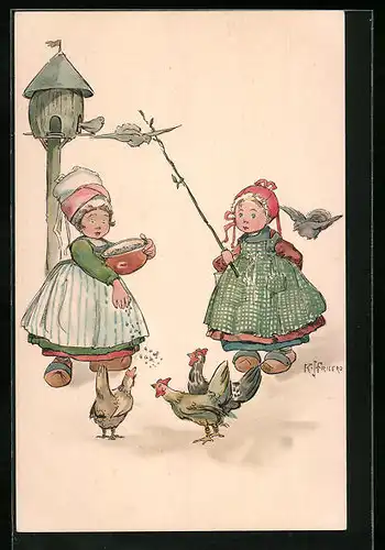 Künstler-AK sign. K. J. Fricero: Kleine Bäuerinnen füttern Hühner und Tauben