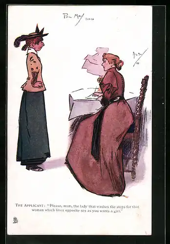Künstler-AK sign. Phil May: The Applicant, Bewerbung als Hausmädchen
