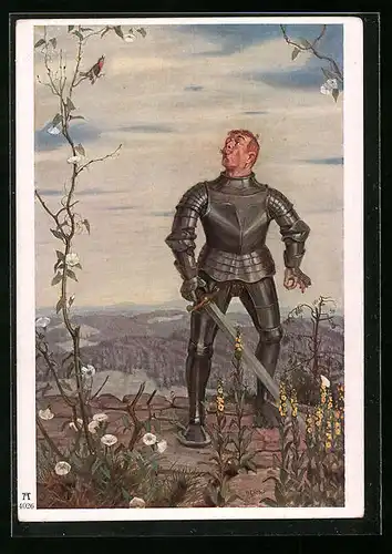 Künstler-AK sign. Hans Dieter: Ritter und Vogel