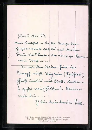 Künstler-AK sign. Hans Dieter: Ritter und Vogel