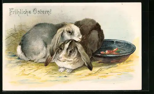AK Osterhasen kuscheln auf Stroh