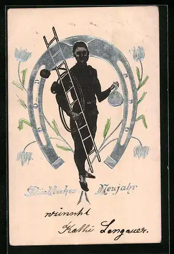 Präge-AK Schornsteinfeger vor grossem Hufeisen