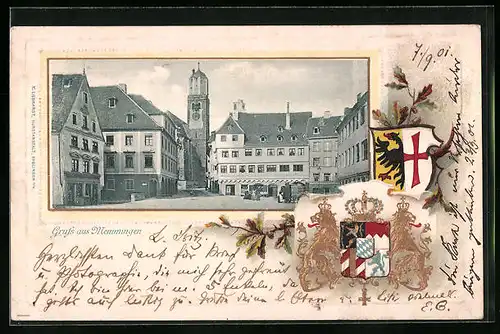 Passepartout-Lithographie Memmingen, Ortspartie mit Seifenfabrik, Wappen