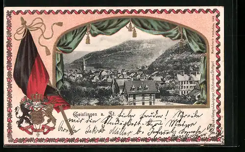 Passepartout-Lithographie Geislingen a. St., Teilansicht, Wappen u. Fahne
