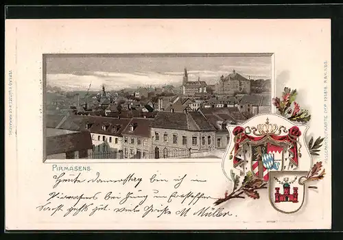 Passepartout-Lithographie Pirmasens, Teilansicht, Wappen