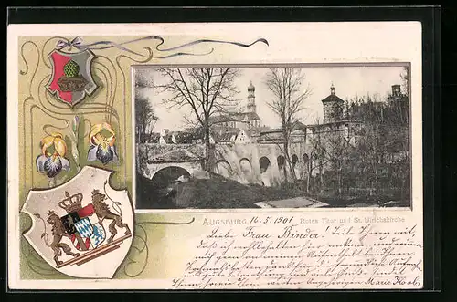 Passepartout-Lithographie Augsburg, Rotes Tor und St. Ulrichskirche, Wappen