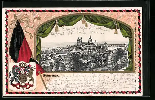 Passepartout-Lithographie Weingarten, Teilansicht, Wappen
