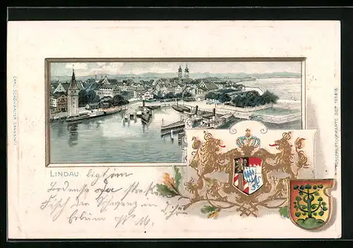 Passepartout-Lithographie Lindau, Teilansicht, Wappen