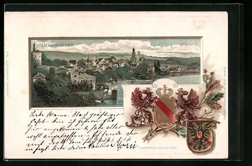 Passepartout-Lithographie Ueberlingen, Teilansicht, Wappen