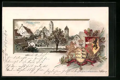 Passepartout-Lithographie Riedlingen, Teilansicht, Wappen