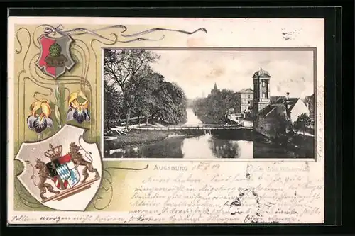 Passepartout-Lithographie Augsburg, Partie beim Oblaterwall, Wappen