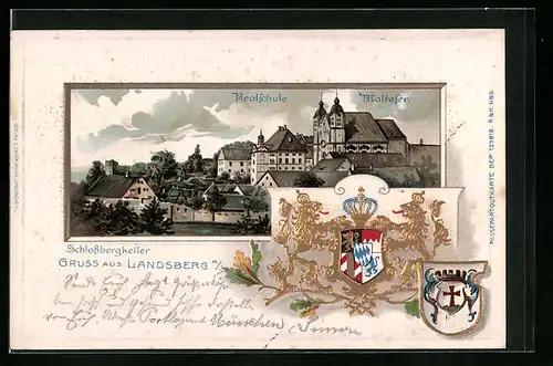 Passepartout-Lithographie Landsberg a. L., Realschule und Malteser, Wappen