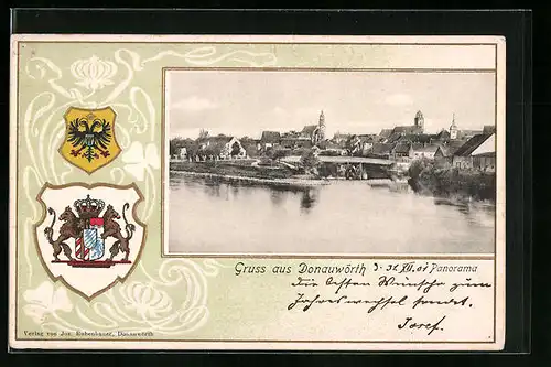 Passepartout-Lithographie Donauwörth, Panorama, Wappen