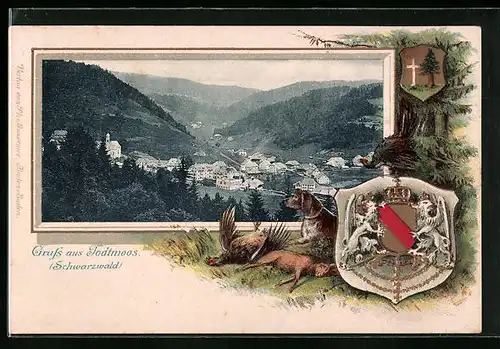Passepartout-Lithographie Todtmoos /Schwarzwald, Teilansicht, Wappen