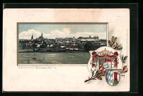 Passepartout-Lithographie Günzburg a /D., Teilansicht, Wappen