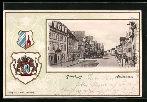 Passepartout-Lithographie Günzburg, Hauptstrasse mit Geschäften, Wappen