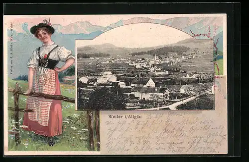 Passepartout-Lithographie Weiler i /Allgäu, Teilansicht, Frau in Tracht