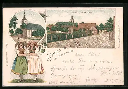 Vorläufer-Lithographie Burg /Spreewald, 1895, Dorfstrasse, Kirche, Mädchen in Spreewälder Tracht