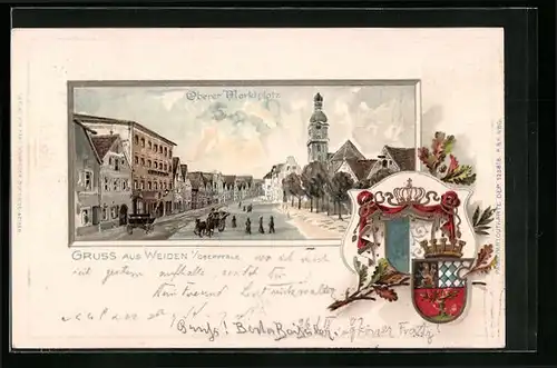 Passepartout-Lithographie Weiden /Oberpfalz, Oberer Marktplatz, Wappen