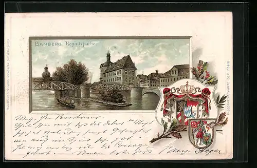 Passepartout-Lithographie Bamberg, Teilansicht mit Brücke über die Regnitz, Wappen