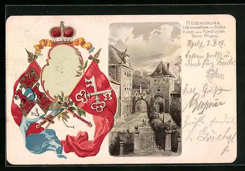 Passepartout-Lithographie Regensburg, Emmeranerthor mit eitenflügel des Fürstl. Thurn u. Taxis Palais, Wappen