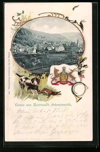 Passepartout-Lithographie Herrenalb /Schwarzwald, Teilansicht vom Ort, Wappen, Jagdhund mit Beute