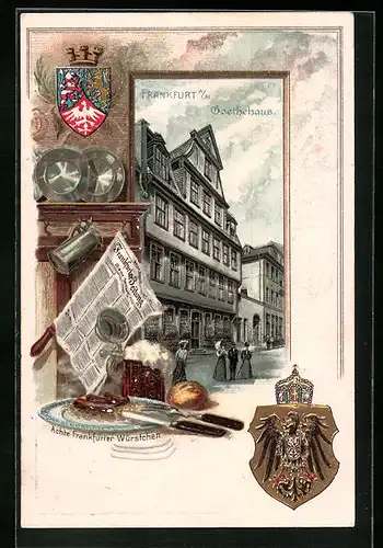 Passepartout-Lithographie Alt-Frankfurt, Vor dem Goethehaus, Wappen, Frankfurter Würstchen
