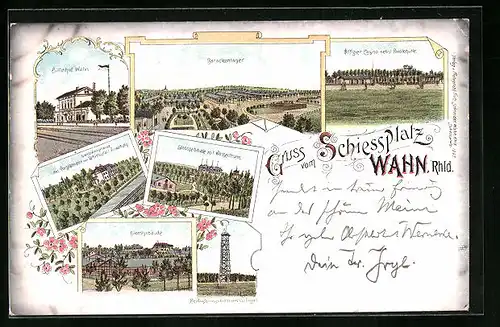 Lithographie Köln-Wahn, Schiessplatz, Barackenlager, Dienstgebäude