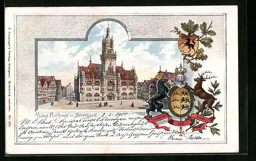 Passepartout-Lithographie Stuttgart, Neues Rathaus, Wappen