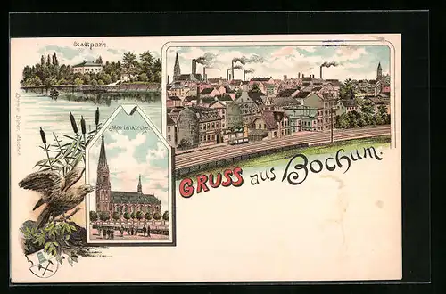 Lithographie Bochum, Stadtpark, Marienkirche, Totalansicht