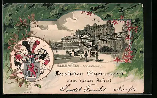 Passepartout-Lithographie Elberfeld, Schwebebahnhof, Wappen