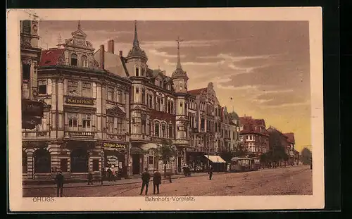 AK Ohligs, Hotel Kaiserhof, Bahnhofs-Vorplatz mit Strassenbahn