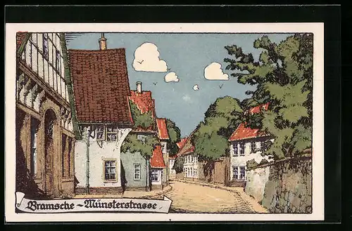 Steindruck-AK Bramsche, Münsterstrasse im Sommer