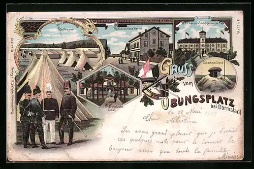 Lithographie Darmstadt, Übungsplatz, Restaurant-Viertel, Zeltlager