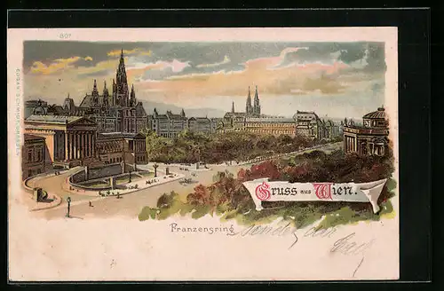 Lithographie Wien, Franzensring aus der Vogelschau
