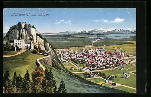 AK Singen (Hohentwiel), Ortsansicht und Festungsruine Hohentwiel