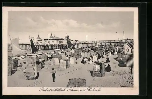 AK Ahlbeck / Usedom, Strand mit Seebrücke